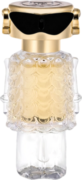 Paco Rabanne Fame, awangardowe perfumy. Złoty flakon robota z łuskowym korpusem, pełen żółtego płynu.
