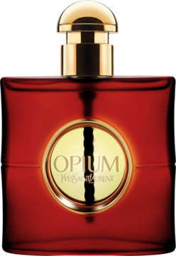 Yves Saint Laurent Opium woda perfumowana dla kobiet, czerwona butelka z złotym korkiem, z przodu widać etykietę.