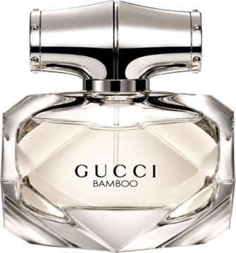 Gucci Bamboo woda toaletowa w przezroczystym, fasetowanym flakonie z metaliczną, bambusową nakrętką, widok z przodu.