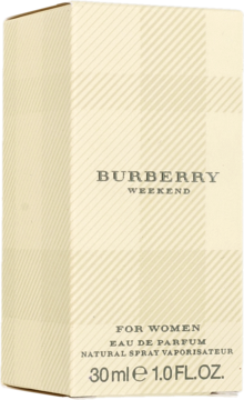 Burberry Weekend dla kobiet, EDP 30ml, beżowe pudełko w kratę z logo, widok z przodu i boku.