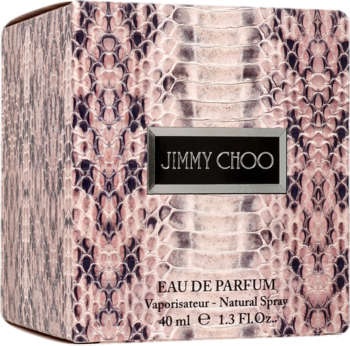 Pudełko perfum Jimmy Choo Eau de Parfum 40ml w różowo-brązowy wężowy wzór, widok z przodu.
