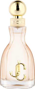 Jimmy Choo I Want Choo perfumy: elegancka butelka z różowym płynem, złotym korkiem z napisem i logo JC.