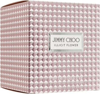 Jimmy Choo Illicit Flower, jasnoróżowe pudełko zapachowe z wytłaczanym diamentowym wzorem, widok z kąta.