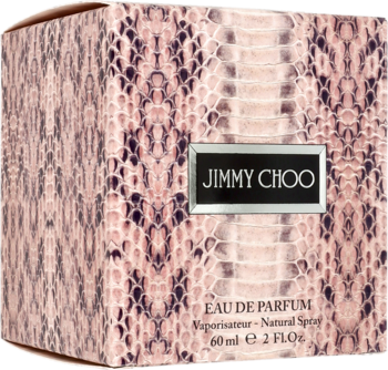 Jimmy Choo Eau de Parfum 60ml w pudełku z różowo-brązowym wzorem skóry węża, widok z przodu i z boku.