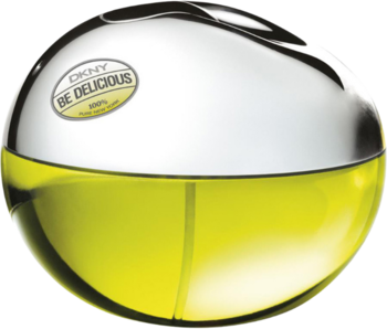Perfumy DKNY Be Delicious w butelce w kształcie jabłka, żółto-zielony płyn, srebrna zakrętka, widok z przodu.