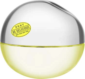 DKNY Be Delicious woda perfumowana dla kobiet w butelce w kształcie jabłka, srebrny korek, żółty płyn.