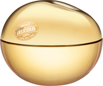DKNY Golden Delicious perfumy w złotej butelce w kształcie jabłka, widok z przodu, błyszczące wykończenie.