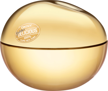 Złoty, błyszczący flakon perfum DKNY Golden Delicious w kształcie jabłka, z etykietą, widok z przodu na czarnym tle.