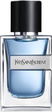 Butelka męskiej wody toaletowej Yves Saint Laurent Y, niebieski płyn, srebrna etykieta i teksturowana, czarna zakrętka.