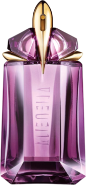 Ametystowy flakon Thierry Mugler Alien EDT z reliefowym logo, złotą, szpiczastą nakrętką, widok z przodu.
