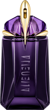 Fioletowa butelka Alien Talisman EDP, refilowalna, ze złotym korkiem i napisem 'ALIEN', widok z przodu.