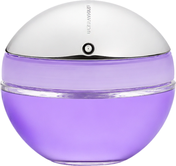 Paco Rabanne Ultraviolet, fioletowa woda toaletowa w kulistym flakonie, srebrna kopuła i czarny detal, z przodu.