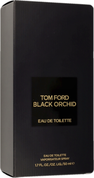 Pionowe, czarne pudełko Tom Ford Black Orchid Eau de Toilette 50ml, z widocznym złotym napisem na etykiecie.