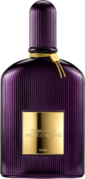 Perfumy Tom Ford Velvet Orchid, ciemnofioletowy flakon z pionowymi żłobieniami i złotą etykietą, widok z przodu.