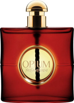 YSL Opium perfumy, czerwona prostokątna butelka ze złotym korkiem i etykietą, widok z przodu.