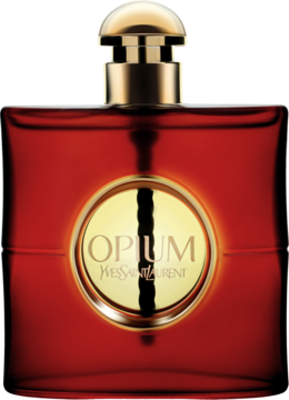YSL Opium woda toaletowa, czerwona prostokątna butelka ze złotym korkiem i etykietą. Uwodzicielski, orientalny zapach.
