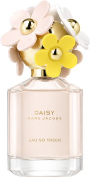 Perfuma Daisy Marc Jacobs Eau So Fresh w szklanej butelce z kwiatowym korkiem. Różowy płyn, żółte, białe i różowe stokrotki.