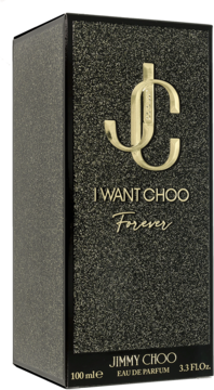 Czarny, brokatowy kartonik perfum Jimmy Choo I Want Choo Forever z złotym logo JC, widok z przodu pod kątem.