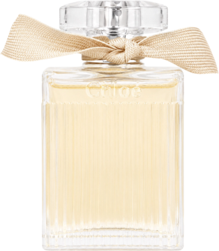 Chloe Signature damska woda perfumowana, flakon z przezroczystego szkła z beżową kokardką, widok z przodu.