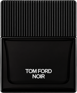 Tom Ford Noir męska woda perfumowana w czarnej, matowej butelce z ryflowanym korkiem i białym napisem, widok z przodu.