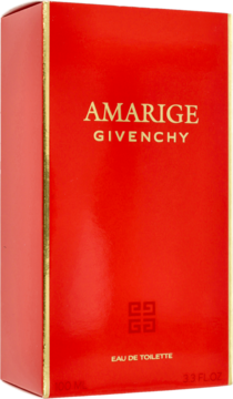 Czerwone, klasyczne opakowanie wody toaletowej Givenchy Amarige 100ml z złotymi napisami i ramkami, widok z przodu.