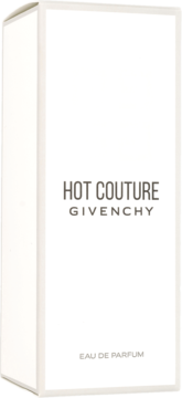Side view of a white rectangular box of Givenchy Hot Couture Eau de Parfum, featuring grey text.