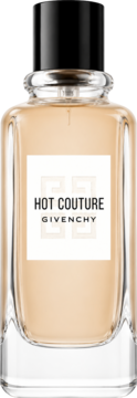 Givenchy Hot Couture damska woda perfumowana. Szklana butelka z czarnym korkiem, jasno-brzoskwiniowy płyn, widok z przodu.