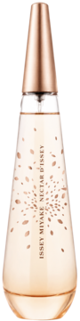 Issey Miyake L'eau D'Issey Pure Petale De Nectar, elegancka butelka z różowo-złotą nakrętką i ozdobnymi płatkami.