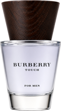 Burberry Touch woda toaletowa dla mężczyzn w szklanej butelce z delikatnym, liliowym płynem i ciemną drewnianą zakrętką.
