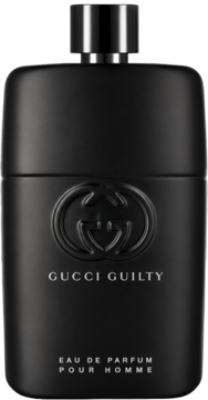 Czarne, matowe flakon Gucci Guilty pour Homme EDP z metalową nakrętką i wytłoczonym logo, widok z przodu.
