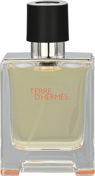 Terre d'Hermès EDT, męska woda toaletowa w przezroczystej butelce z czarną nakrętką i pomarańczowym logo, widok z przodu.