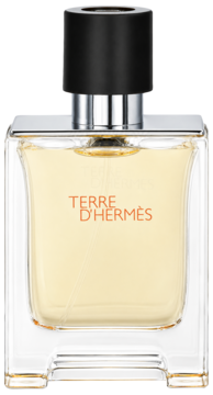 Terre d'Hermès męska woda toaletowa w przezroczystej butelce z pomarańczowym napisem i czarnym korkiem, z przodu.