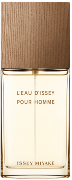 Issey Miyake L'Eau d'Issey Pour Homme, prostokątny flakon z drewnianą nakrętką i jasnym płynem, widok z przodu.