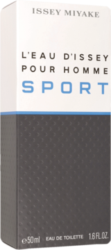 Biało-szare pudełko perfum Issey Miyake L'eau D'Issey Pour Homme Sport 50ml, z niebieskim napisem SPORT, widok pod kątem.
