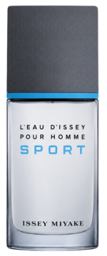 Issey Miyake L'eau D'Issey Pour Homme Sport, EDT męska w szklanej butelce, szary teksturowany korek z niebieskim paskiem.