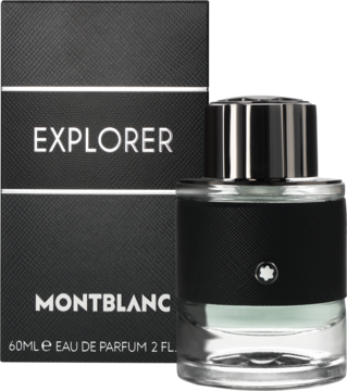 Montblanc Explorer męska woda perfumowana 60ml. Butelka z czarnym etui i srebrnym korkiem, obok czarne pudełko z napisem.