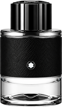 Montblanc Explorer woda perfumowana męska, butelka z czarnym, teksturowanym pierścieniem i srebrnym logo, widok z przodu.