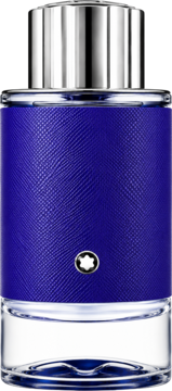 Mont Blanc Explorer Ultra Blue, męska woda perfumowana w butelce o szafirowej fakturze z logo, widok z przodu.