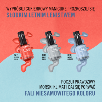 Trzy lakiery Rimmel Super Gel: koralowy, szary i błękitny, z barwnymi plamami na tle. Widok frontalny.
