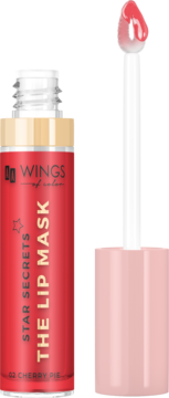 Star Secrets The Lip Mask 02 Cherry Pie, czerwone opakowanie, aplikator z błyszczącą, różową maską obok.