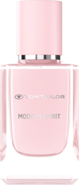 Różowa butelka perfum Tom Tailor Modern Spirit dla kobiet, srebrne napisy, różowa nakrętka, widok z przodu.