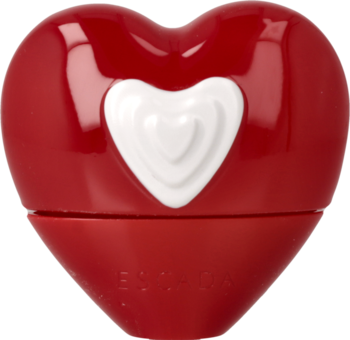 Escada Show Me Love perfumy, czerwona błyszcząca butelka w kształcie serca z białym sercem, widok z góry.
