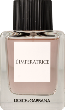 Zbliżenie na elegancką butelkę perfum L'Imperatrice 3 Dolce&Gabbana, różowy płyn, czarna zakrętka.
