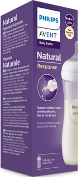 Philips Avent Natural Response butelka 3m+ w fioletowym pudełku, z opisem wspierającym rytm ssania.