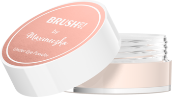 Otwarty sypki puder pod oczy Brush Up! by Maxineczka w białym słoiczku z brzoskwiniową nakrętką, zbliżenie.
