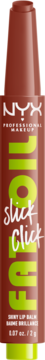 Front view of NYX Professional Makeup Fat Oil Slick Click shiny lip balm, brown tube with green and white text.