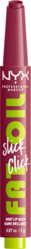 NYX Fat Oil Slick Click lip balm in a deep pink/burgundy tube with bright lime green 'FAT OIL' text, front view.