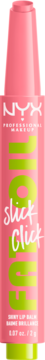 Pionowy, różowy balsam do ust NYX Fat Oil Slick Click z zielonymi napisami, widok z przodu.