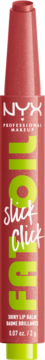 Balsam koloryzujący NYX Fat Oil Slick Click w różowo-czerwonym sztyfcie z zielonym napisem, widok z przodu.