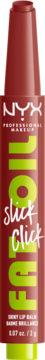 NYX Fat Oil Slick Click lip balm, reddish-brown tube, prominent yellow-green FAT OIL text, front view.
